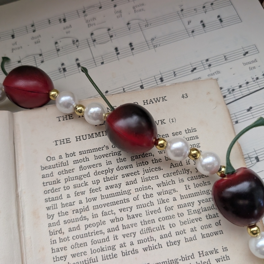 Faux Pearl and Red Cherry Bead Necklace - Picture 2 of 9